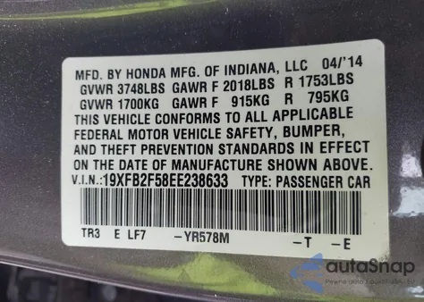 2014 Honda Civic Lx z USA, uszkodzony, nr VIN 19XFB2F58EE238633